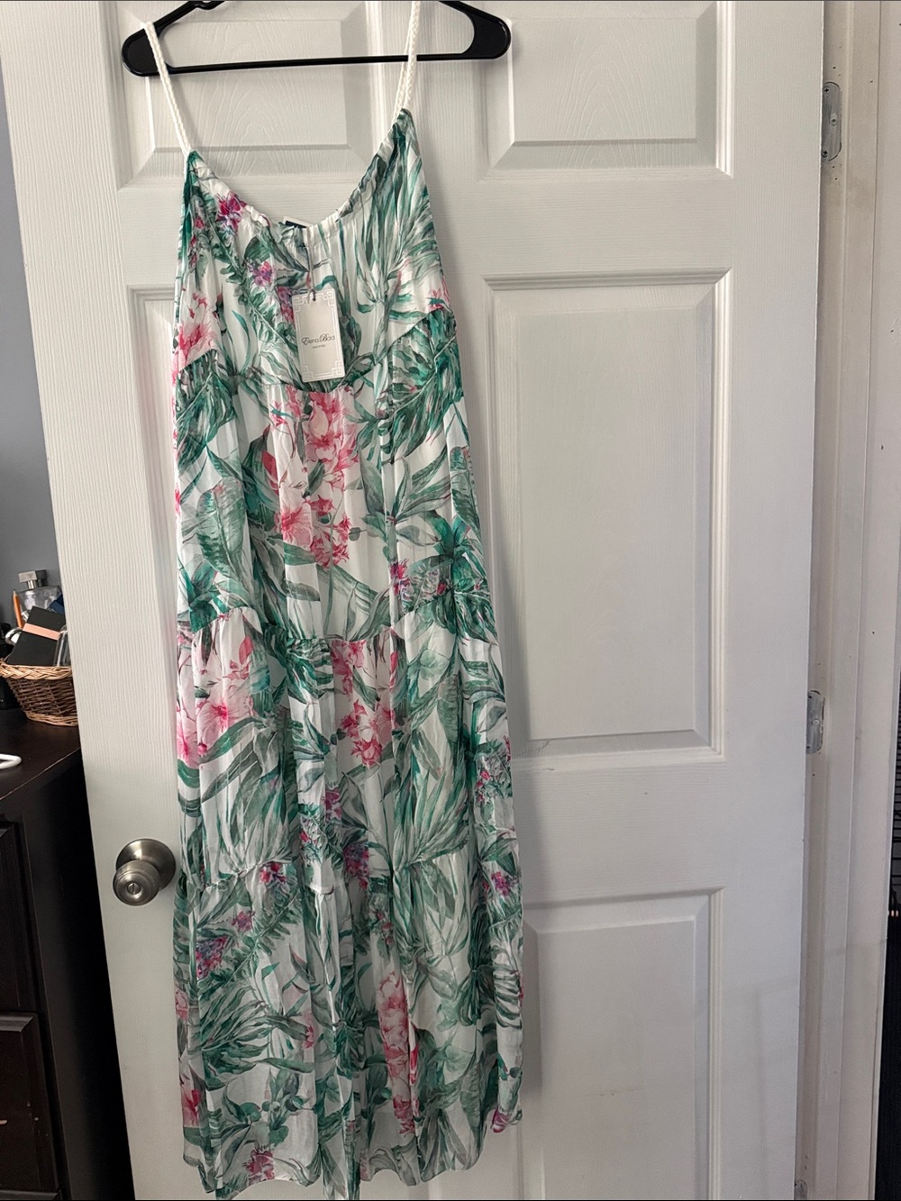 Green & Pink Tropical Print Maxi Dress with Spaghetti Straps - Picture 1 of 5